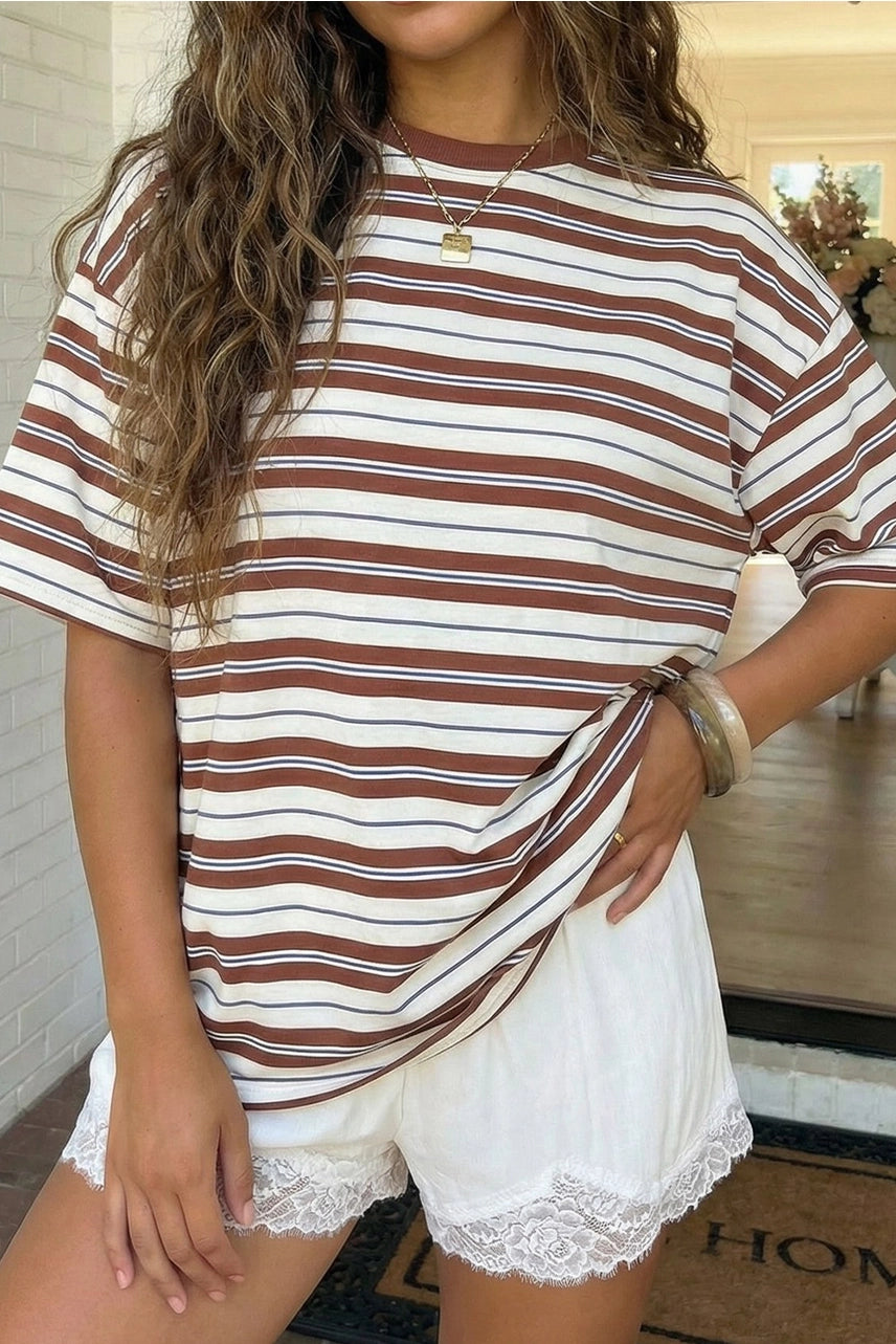 Brown and White Striped Everyday Tee