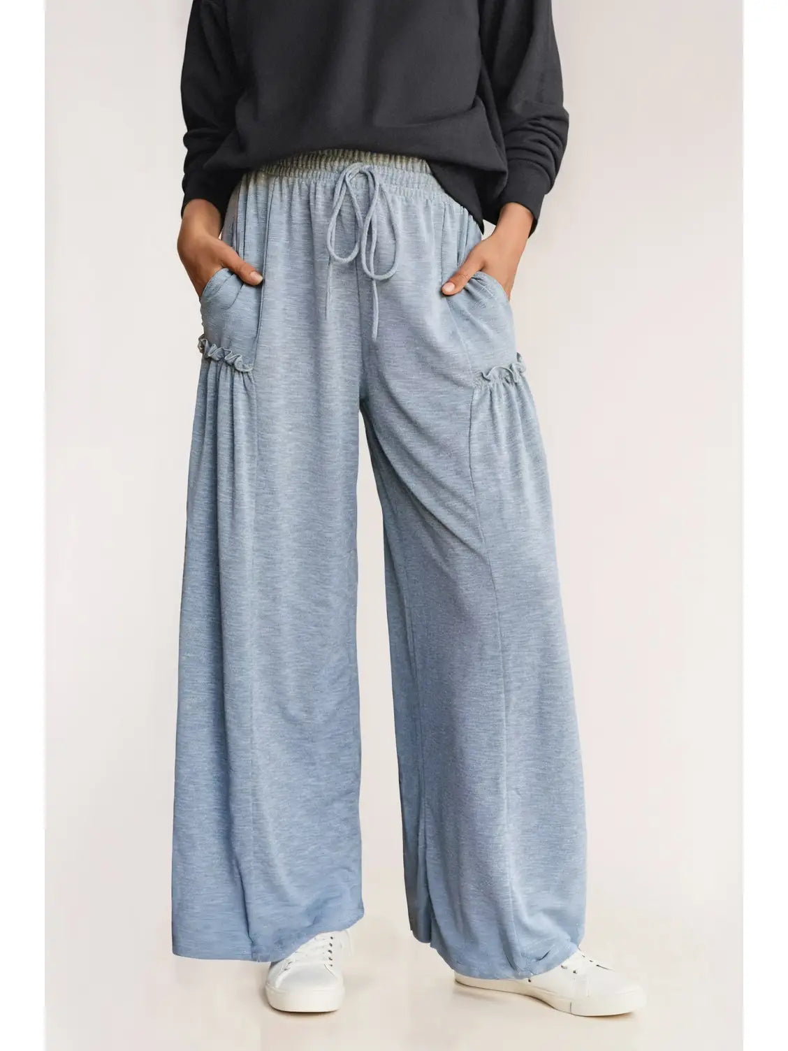 Frilled High Waisted Slouchy Pants - Blue