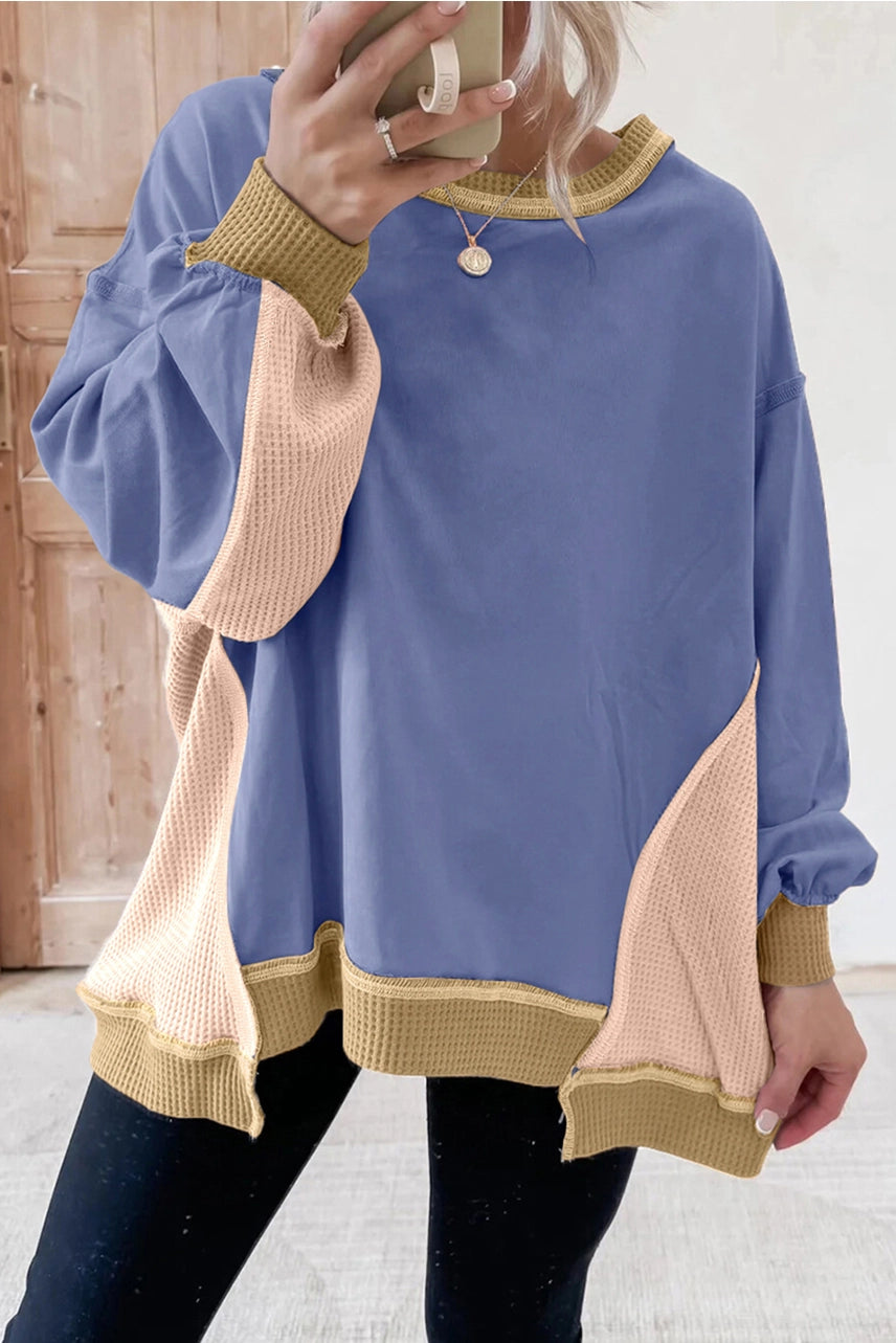 Colorblock Waffle Knit Pullover - Blue
